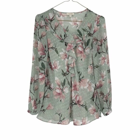 Laura Pastel green pink textured sheer  floral top - Picture 1 of 12